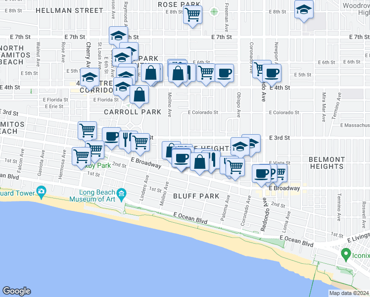 map of restaurants, bars, coffee shops, grocery stores, and more near 2750 Colorado Place in Long Beach