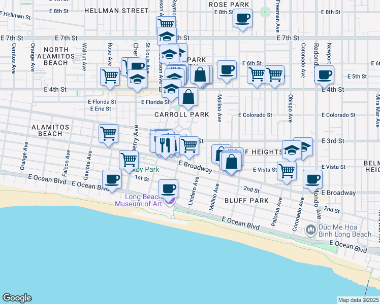 map of restaurants, bars, coffee shops, grocery stores, and more near 270 Lindero Avenue in Long Beach