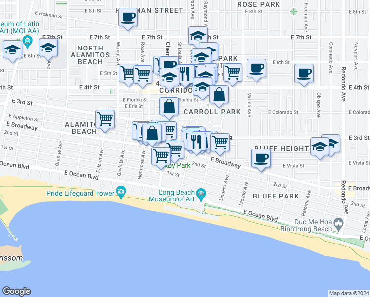 map of restaurants, bars, coffee shops, grocery stores, and more near 250 Junipero Avenue in Long Beach
