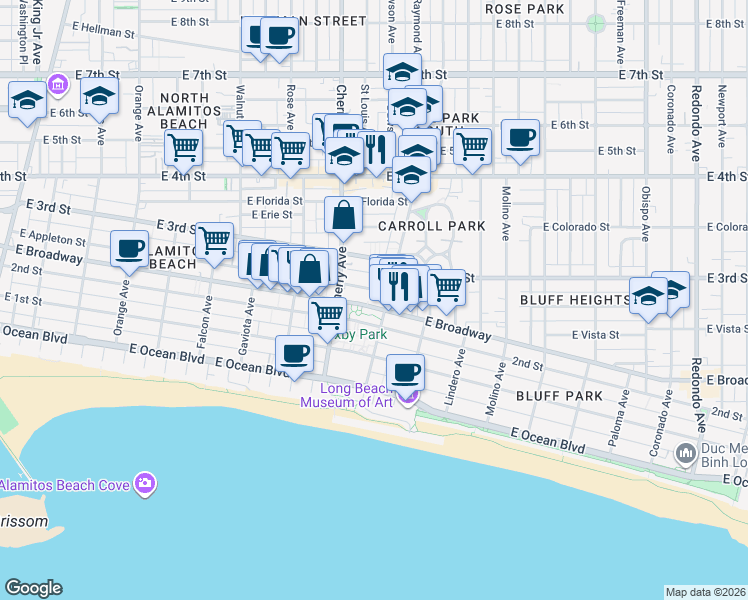 map of restaurants, bars, coffee shops, grocery stores, and more near 2027 East Appleton Street in Long Beach
