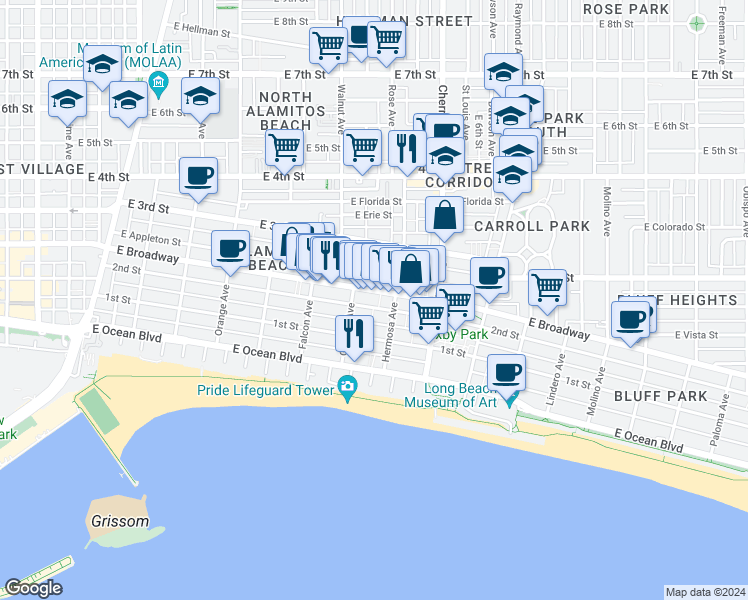map of restaurants, bars, coffee shops, grocery stores, and more near 1765 East Broadway in Long Beach