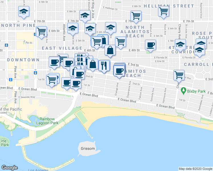 map of restaurants, bars, coffee shops, grocery stores, and more near 1066 2nd Street in Long Beach