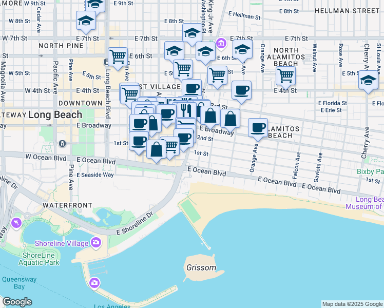 map of restaurants, bars, coffee shops, grocery stores, and more near 150 Alamitos Avenue in Long Beach