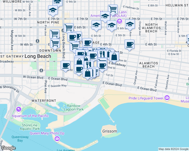 map of restaurants, bars, coffee shops, grocery stores, and more near 700 Lime Avenue in Long Beach