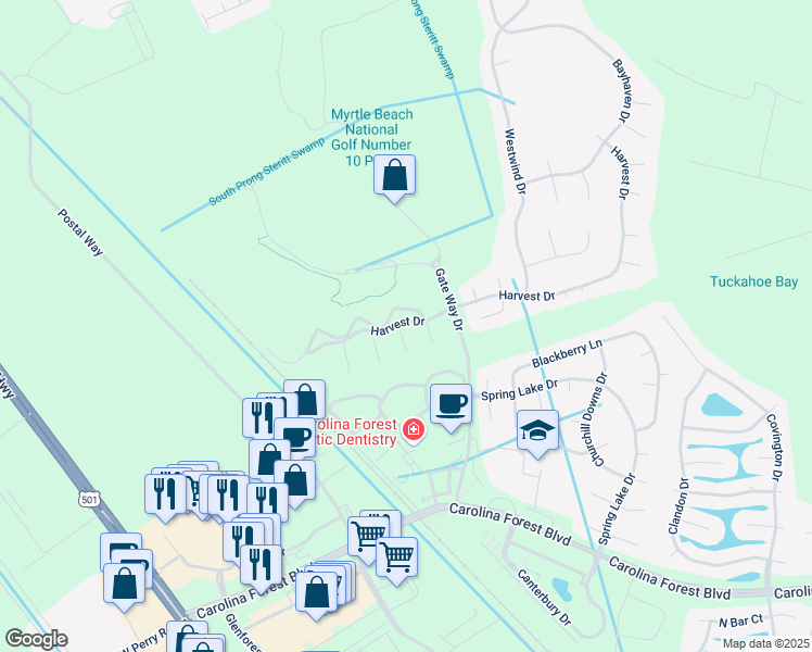 map of restaurants, bars, coffee shops, grocery stores, and more near 4940 Windsor Green Way in Myrtle Beach