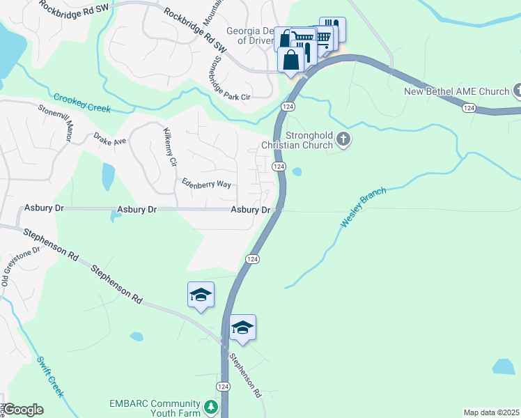map of restaurants, bars, coffee shops, grocery stores, and more near 100 Leslie Oaks Drive in Lithonia