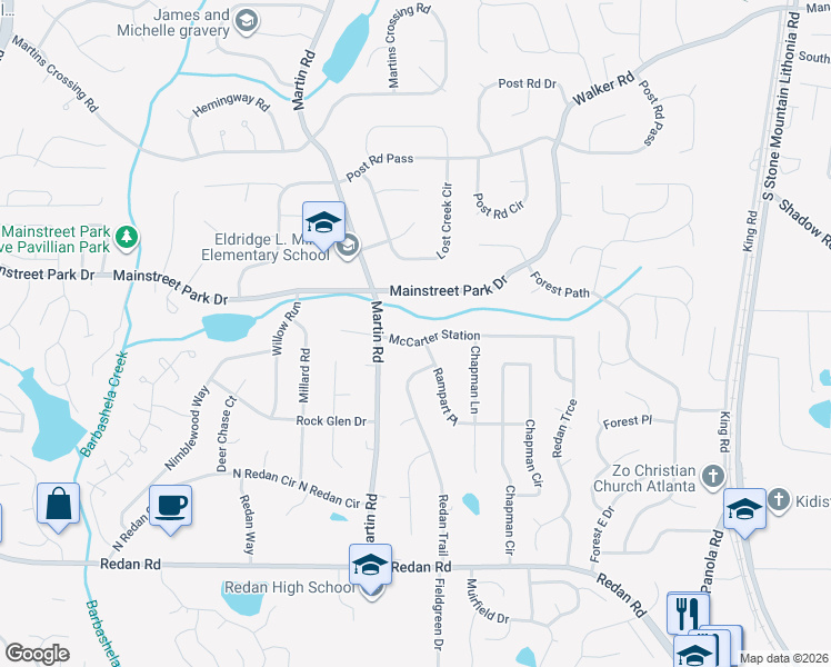 map of restaurants, bars, coffee shops, grocery stores, and more near 5192 McCarter Station in Stone Mountain