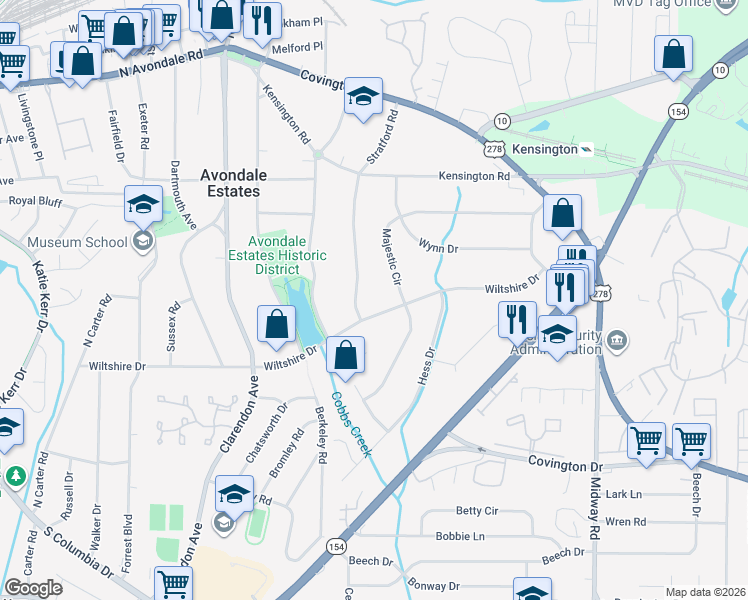 map of restaurants, bars, coffee shops, grocery stores, and more near 916 Stratford Road in Avondale Estates