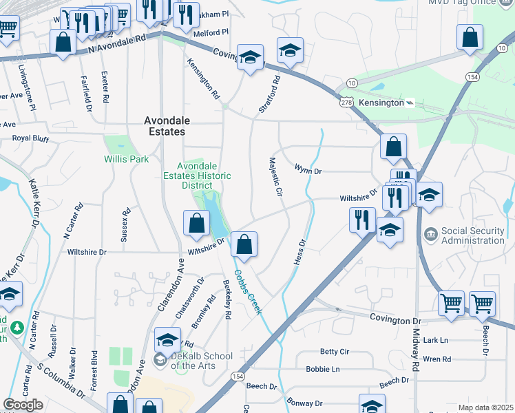 map of restaurants, bars, coffee shops, grocery stores, and more near 916 Stratford Road in Avondale Estates