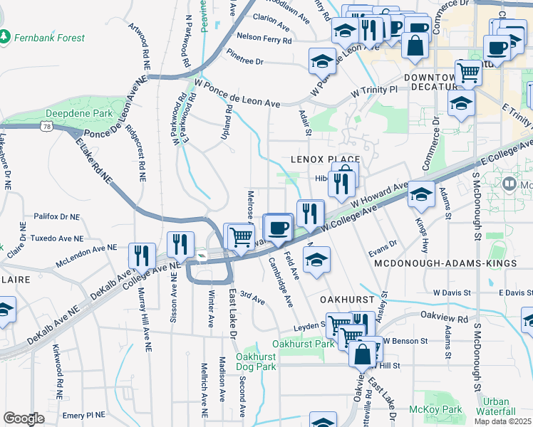 map of restaurants, bars, coffee shops, grocery stores, and more near 225 Drexel Avenue in Decatur