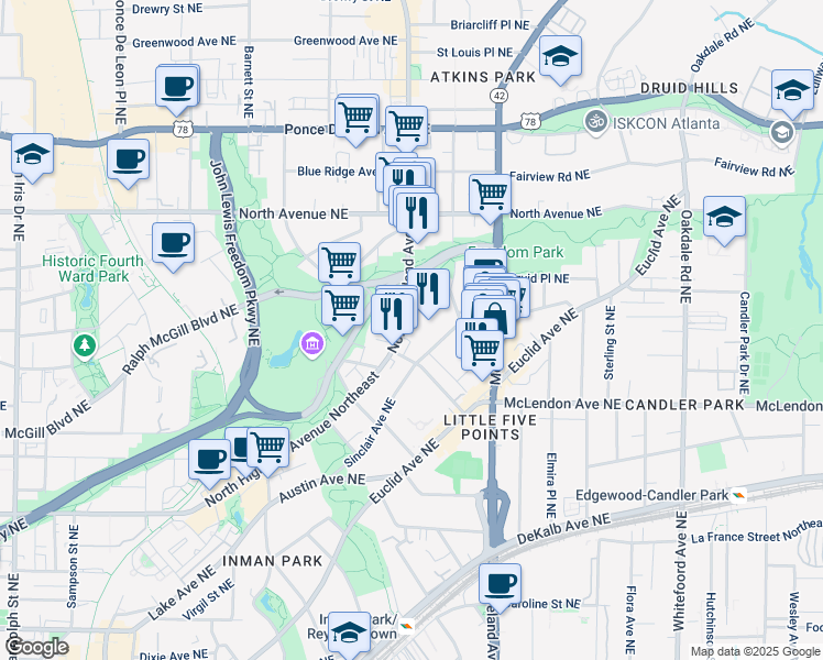 map of restaurants, bars, coffee shops, grocery stores, and more near 507 North Highland Avenue Northeast in Atlanta