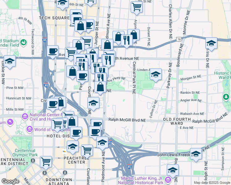 map of restaurants, bars, coffee shops, grocery stores, and more near 505 Piedmont Avenue Northeast in Atlanta