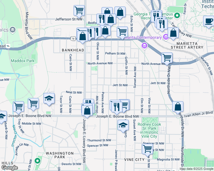 map of restaurants, bars, coffee shops, grocery stores, and more near 460 Andrew J Hairston PL NW in Atlanta