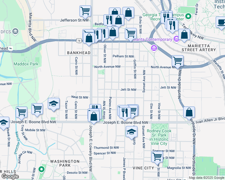 map of restaurants, bars, coffee shops, grocery stores, and more near 459 Paines Avenue Northwest in Atlanta