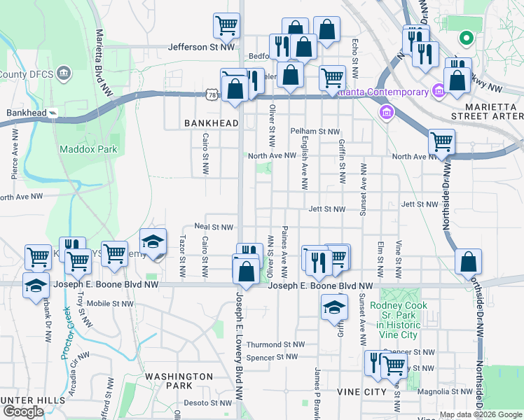 map of restaurants, bars, coffee shops, grocery stores, and more near 872 Jett Street Northwest in Atlanta