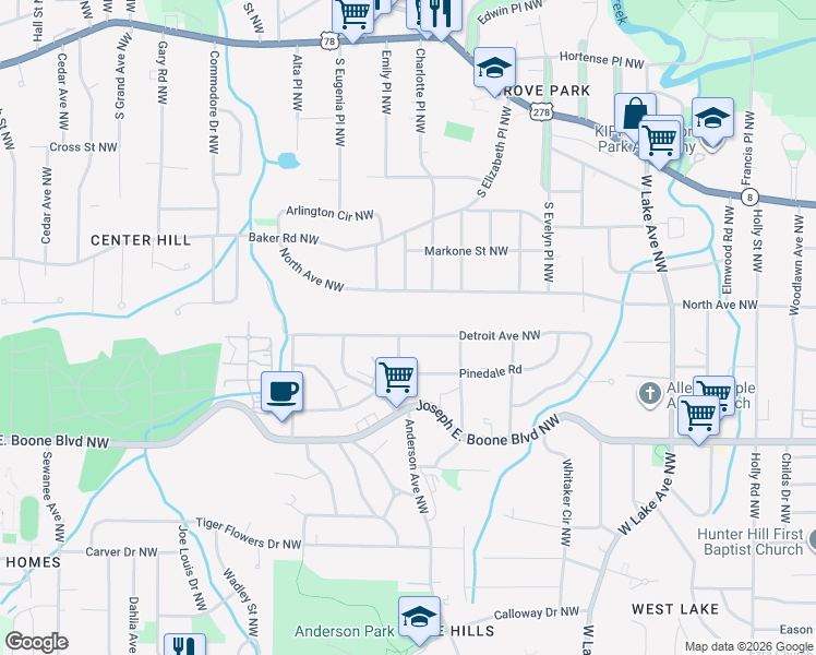 map of restaurants, bars, coffee shops, grocery stores, and more near 1950 North Avenue Northwest in Atlanta