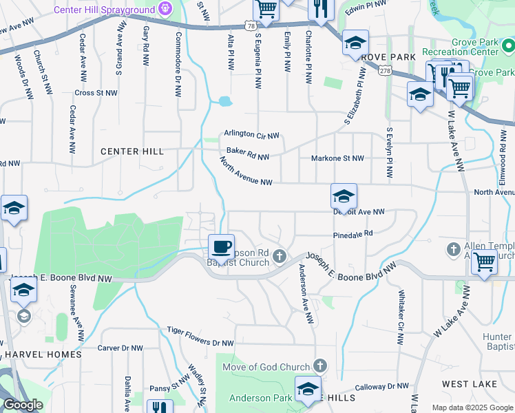 map of restaurants, bars, coffee shops, grocery stores, and more near 2020 North Avenue Northwest in Atlanta