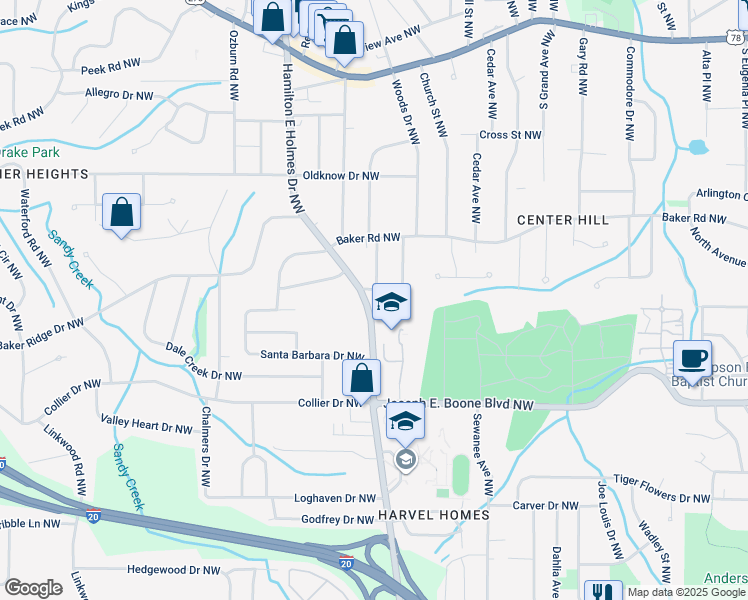 map of restaurants, bars, coffee shops, grocery stores, and more near 2517 Ryne Street Northwest in Atlanta