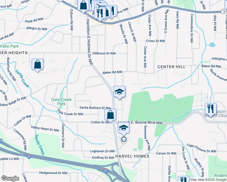 map of restaurants, bars, coffee shops, grocery stores, and more near 2517 Ryne Street Northwest in Atlanta