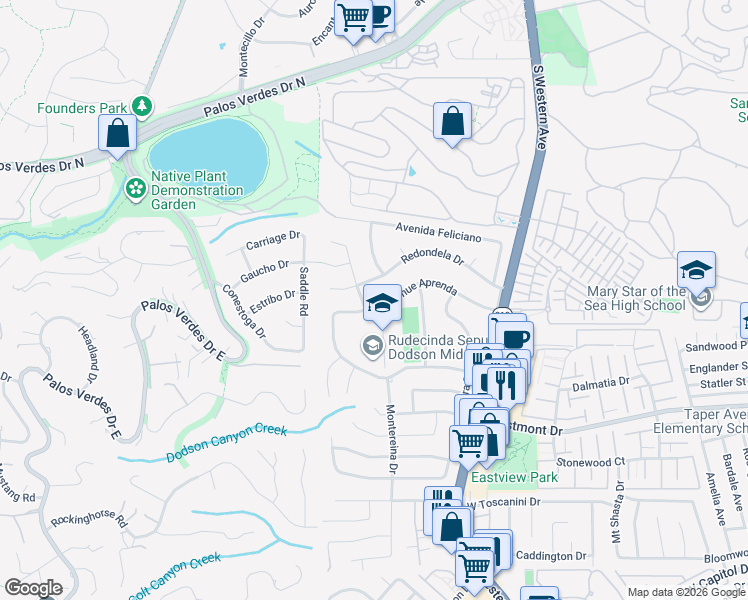 map of restaurants, bars, coffee shops, grocery stores, and more near in Rancho Palos Verdes