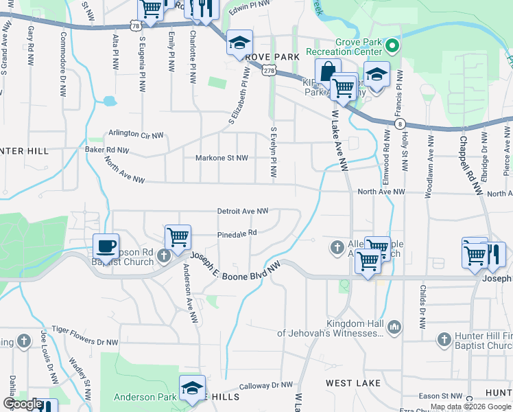 map of restaurants, bars, coffee shops, grocery stores, and more near 1829 Detroit Avenue Northwest in Atlanta
