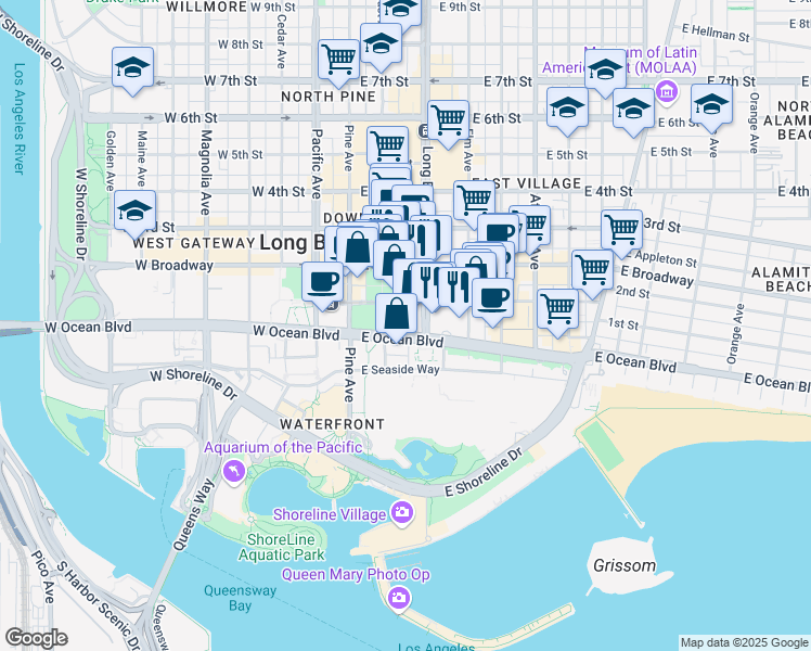 map of restaurants, bars, coffee shops, grocery stores, and more near in Long Beach