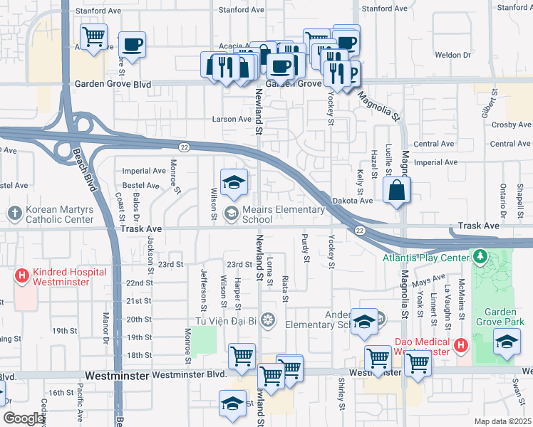 map of restaurants, bars, coffee shops, grocery stores, and more near 13392 Newland Street in Garden Grove