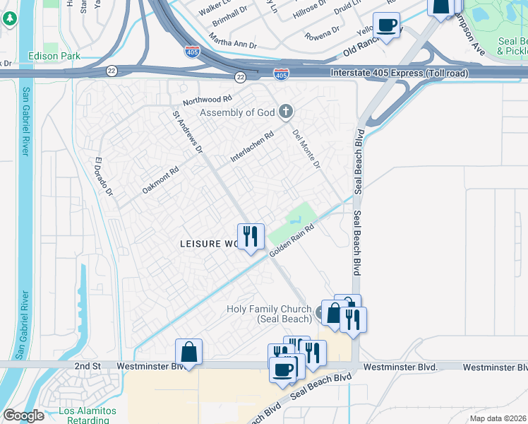 map of restaurants, bars, coffee shops, grocery stores, and more near 1631 Tam O'shanter Road in Seal Beach