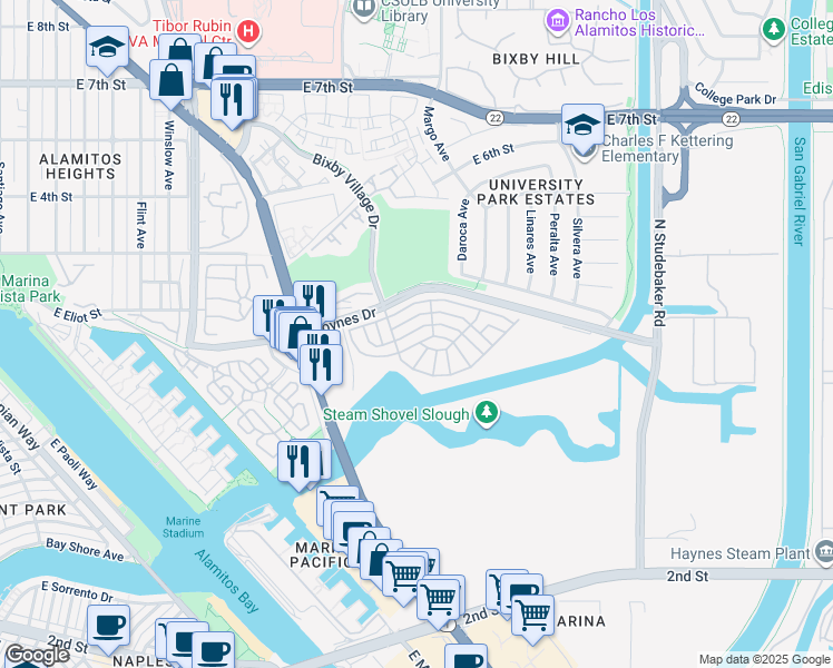 map of restaurants, bars, coffee shops, grocery stores, and more near 6236 East Emerald Cove Drive in Long Beach