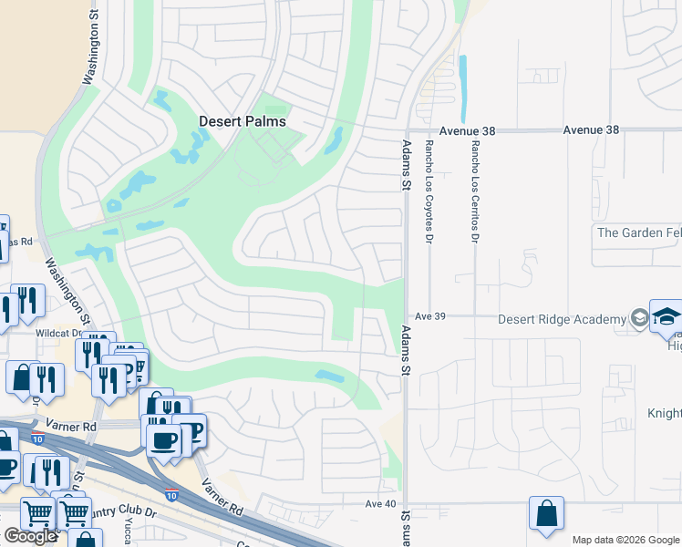 map of restaurants, bars, coffee shops, grocery stores, and more near 38701 Brandywine Avenue in Palm Desert