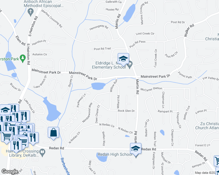 map of restaurants, bars, coffee shops, grocery stores, and more near 948 Willow Run in Stone Mountain