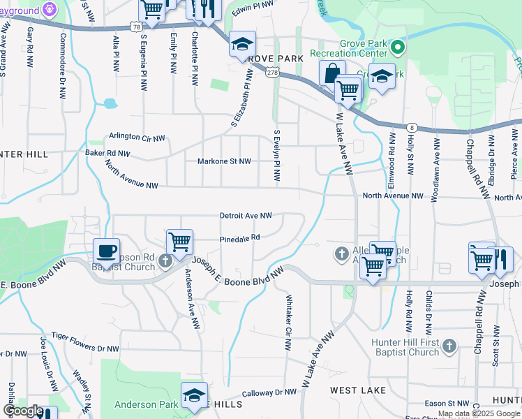 map of restaurants, bars, coffee shops, grocery stores, and more near 1829 Detroit Avenue Northwest in Atlanta