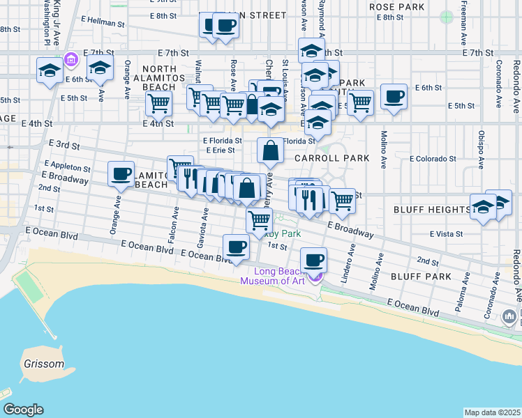 map of restaurants, bars, coffee shops, grocery stores, and more near 359 East Broadway in Long Beach