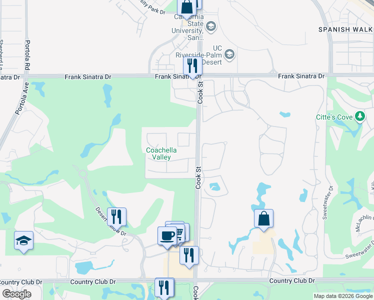 map of restaurants, bars, coffee shops, grocery stores, and more near 38661 Desert Mirage Drive in Palm Desert