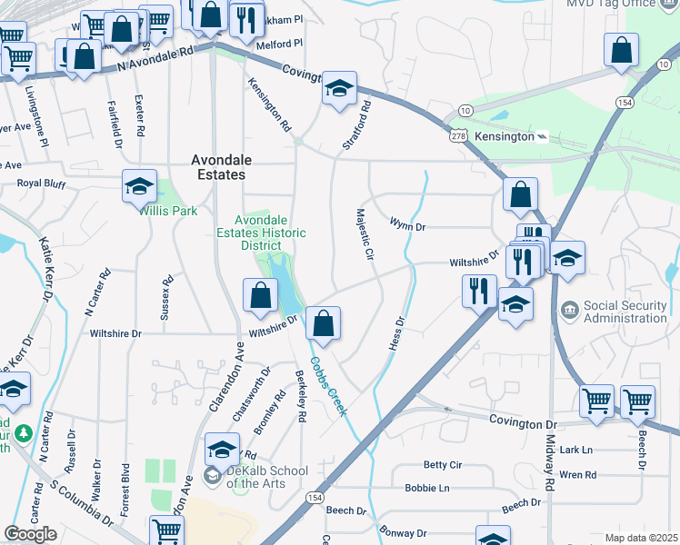 map of restaurants, bars, coffee shops, grocery stores, and more near 916 Stratford Road in Avondale Estates