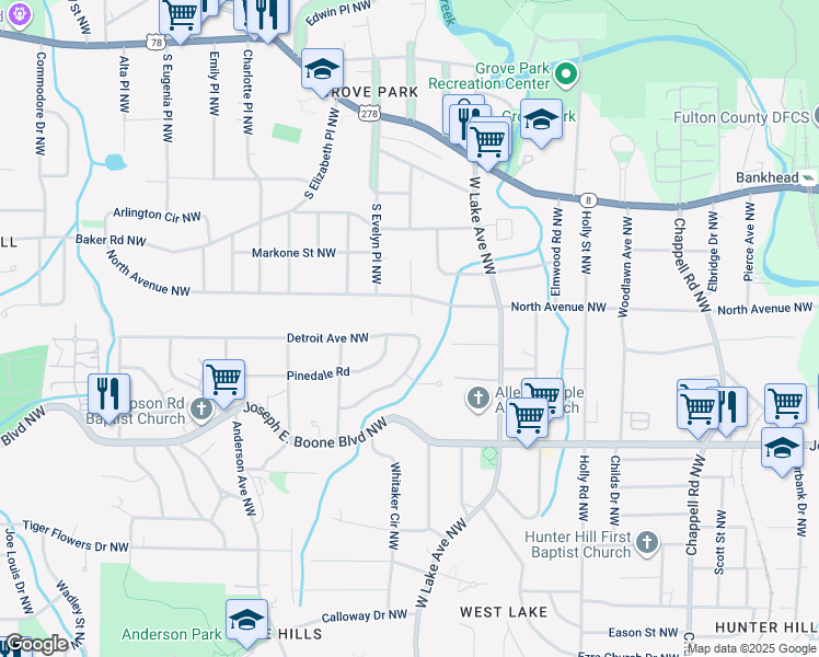 map of restaurants, bars, coffee shops, grocery stores, and more near 1753 Detroit Avenue Northwest in Atlanta