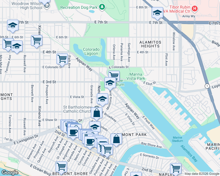 map of restaurants, bars, coffee shops, grocery stores, and more near 365 Monrovia Avenue in Long Beach