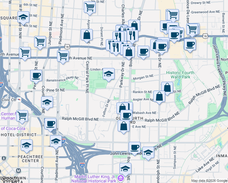map of restaurants, bars, coffee shops, grocery stores, and more near 473 Felton Drive Northeast in Atlanta