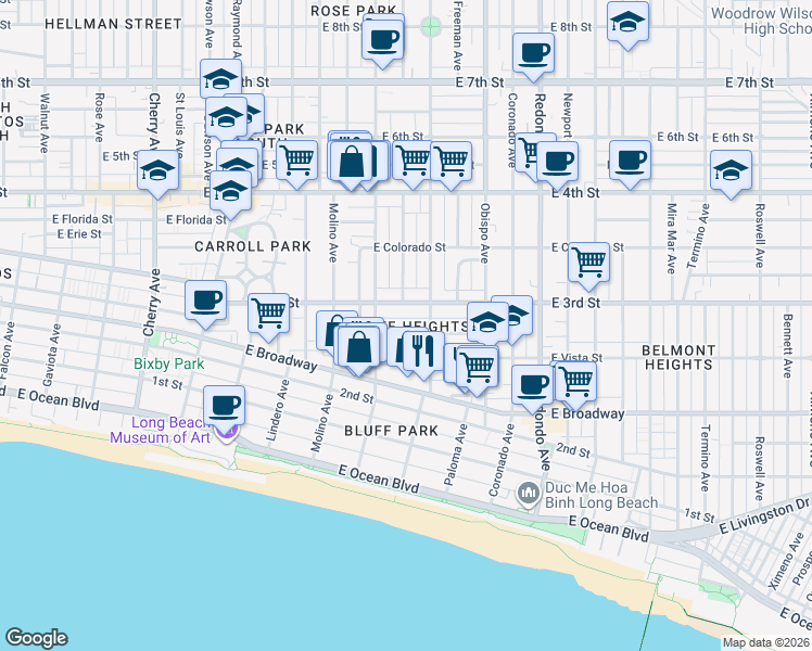 map of restaurants, bars, coffee shops, grocery stores, and more near 2901 East Mariquita Street in Long Beach