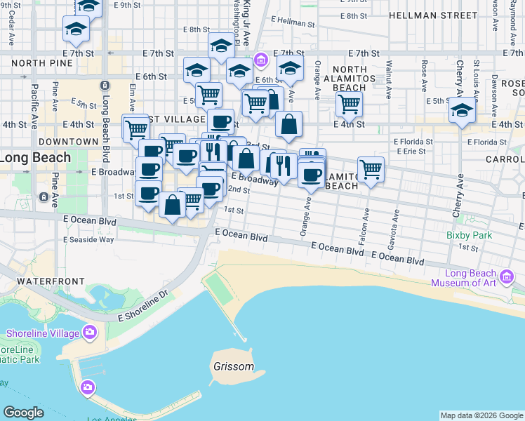 map of restaurants, bars, coffee shops, grocery stores, and more near 132 Bonito Avenue in Long Beach