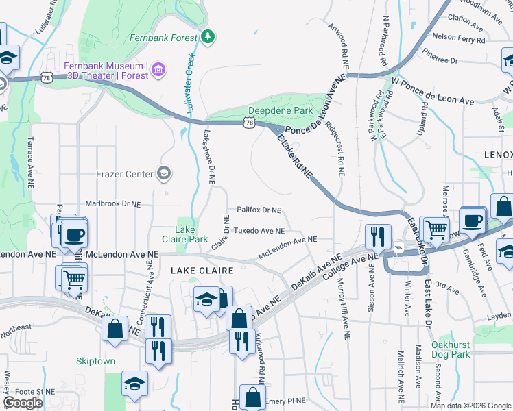 map of restaurants, bars, coffee shops, grocery stores, and more near 2006 Palifox Drive Northeast in Atlanta