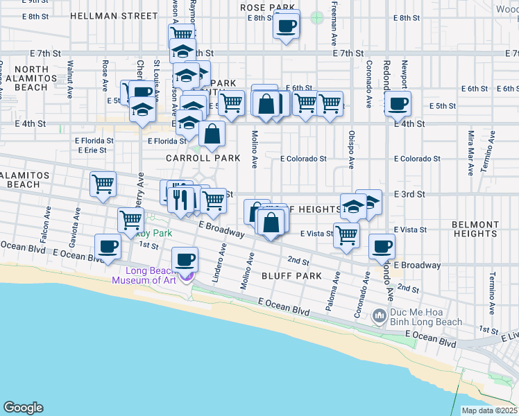 map of restaurants, bars, coffee shops, grocery stores, and more near 282 Molino Avenue in Long Beach