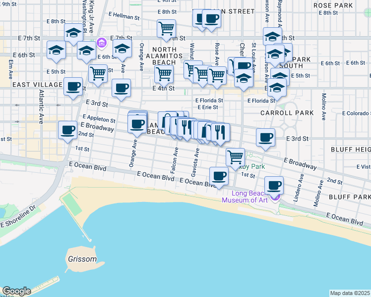 map of restaurants, bars, coffee shops, grocery stores, and more near 1509 East Broadway in Long Beach