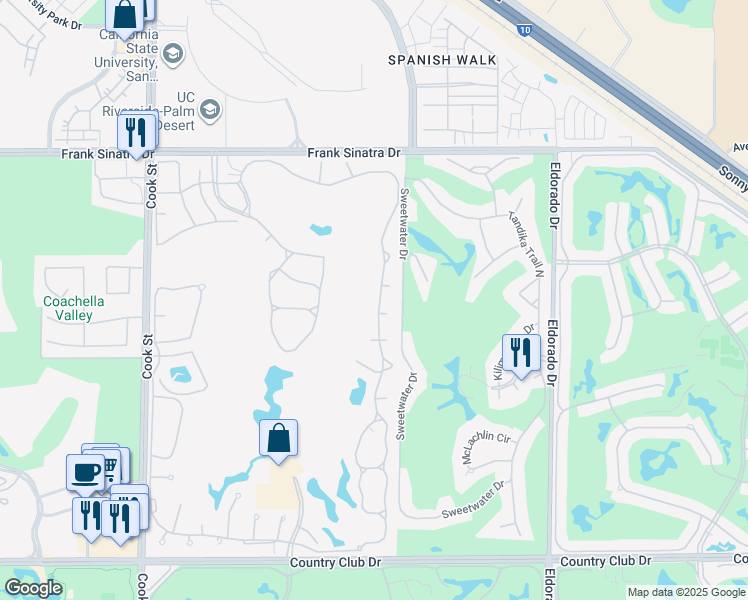 map of restaurants, bars, coffee shops, grocery stores, and more near 313 Desert Falls Drive East in Palm Desert