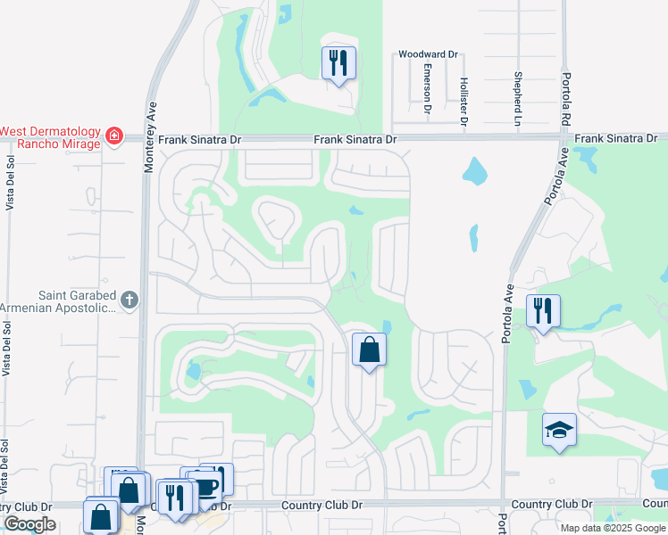 map of restaurants, bars, coffee shops, grocery stores, and more near 73550 Cabazon Peak Drive in Palm Desert