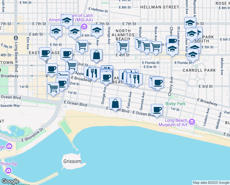 map of restaurants, bars, coffee shops, grocery stores, and more near 1260 East 2nd Street in Long Beach