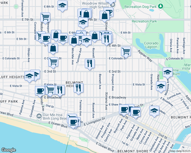 map of restaurants, bars, coffee shops, grocery stores, and more near 4222 East 3rd Street in Long Beach