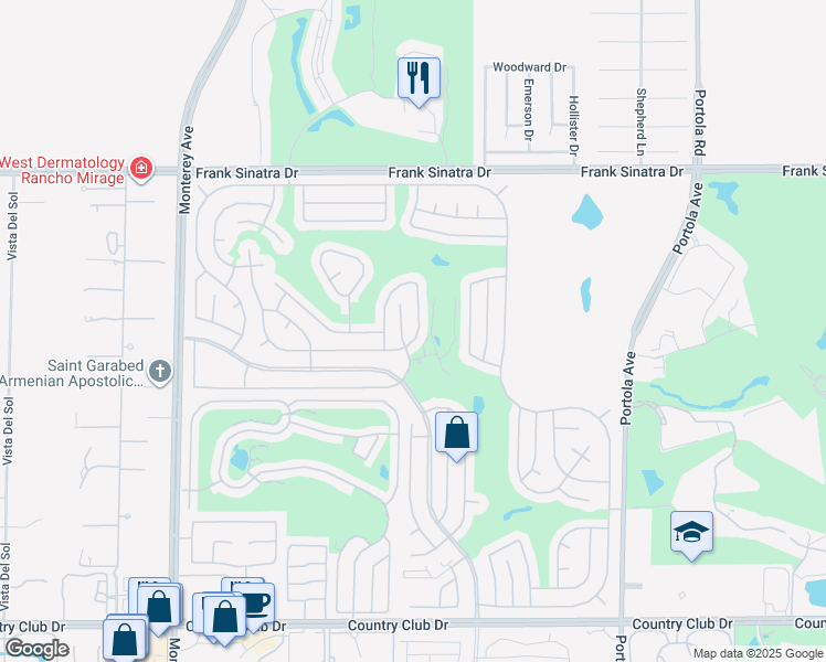 map of restaurants, bars, coffee shops, grocery stores, and more near 73550 Cabazon Peak Drive in Palm Desert