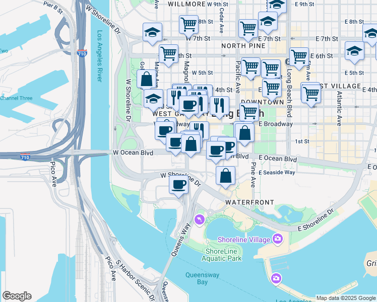 map of restaurants, bars, coffee shops, grocery stores, and more near 495 West Ocean Boulevard in Long Beach