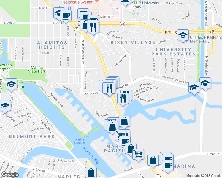 map of restaurants, bars, coffee shops, grocery stores, and more near 5941 Pacific Coast Highway in Long Beach